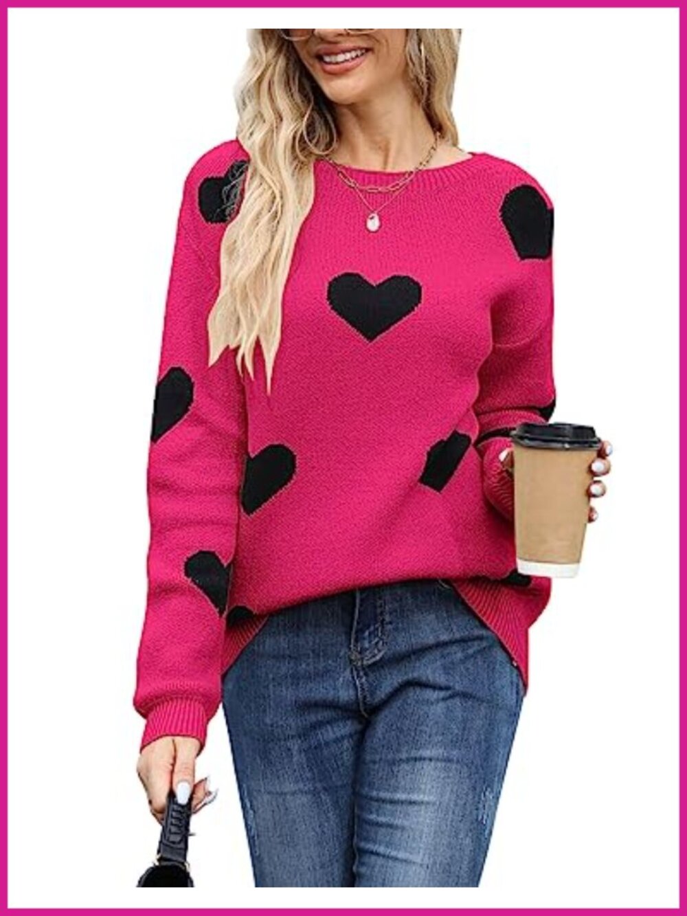 Women's Heart Print Pullover Sweater Crewneck Long Sleeve Knit